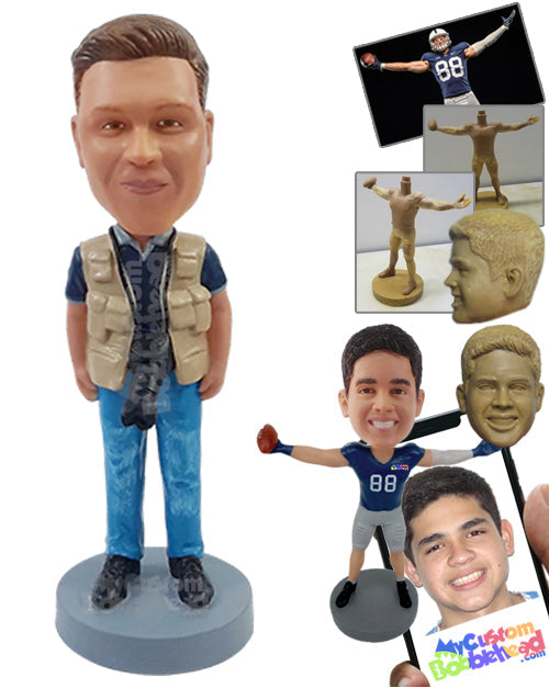 Professional news photographer wearing a camera around the neck with a vest on Personalized Bobblehead Professional news photographer wearing a camera around the neck with a vest on Personalized Bobblehead